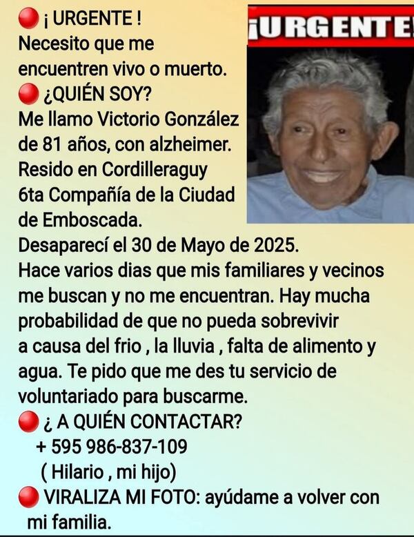 Buscan a octogenario que lleva días desaparecido en Emboscada - Nacionales - ABC Color
