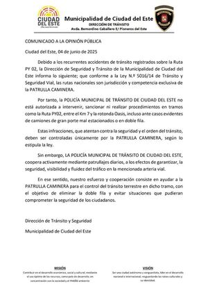 Comuna esteña aclara que controles sobre la Ruta PY02 son responsabilidad de la Caminera - La Clave