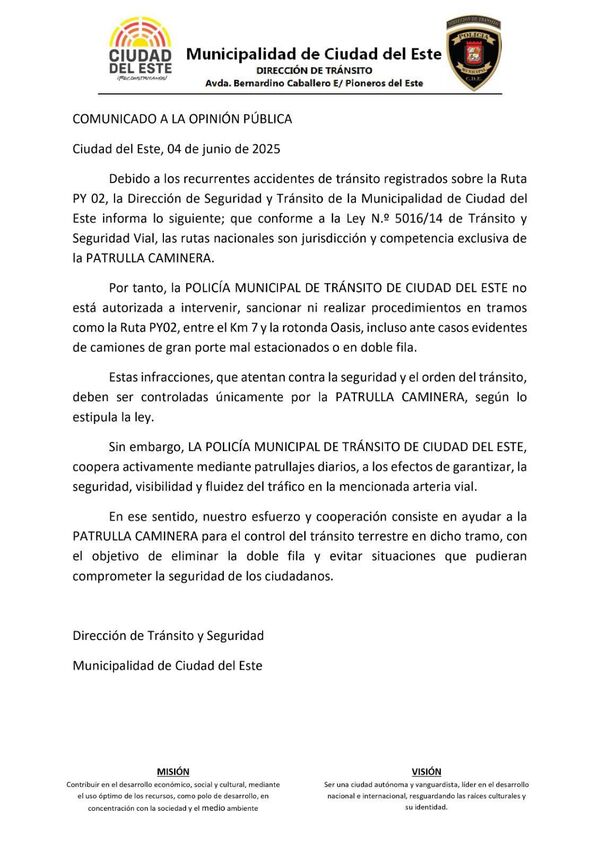 Comuna esteña aclara que controles sobre la Ruta PY02 son responsabilidad de la Caminera - La Clave