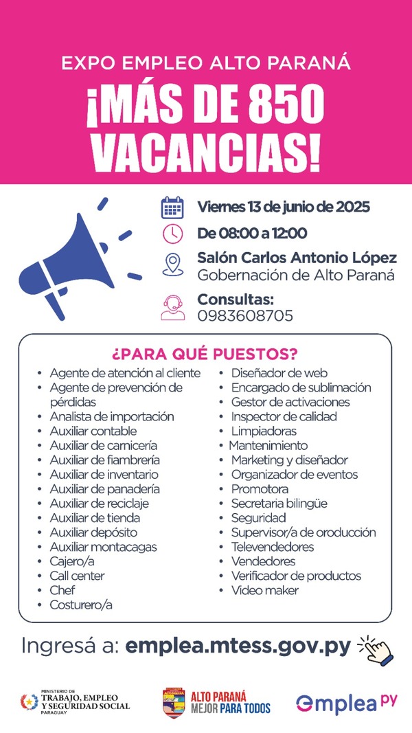 Alto Paraná abre sus puertas a más de 850 oportunidades laborales este 13 de junio - ADN Digital