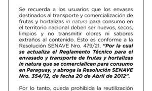 SENAVE recuerda que envoltorios de frutas y hortalizas deben ser nuevos
