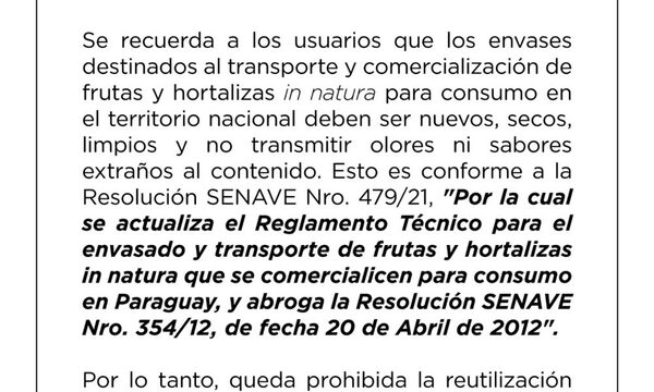 SENAVE recuerda que envoltorios de frutas y hortalizas deben ser nuevos