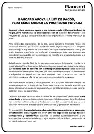 Bancard apoya la Ley de pagos, pero exige cuidad la propiedad privada - Espacio Reservado - ABC Color