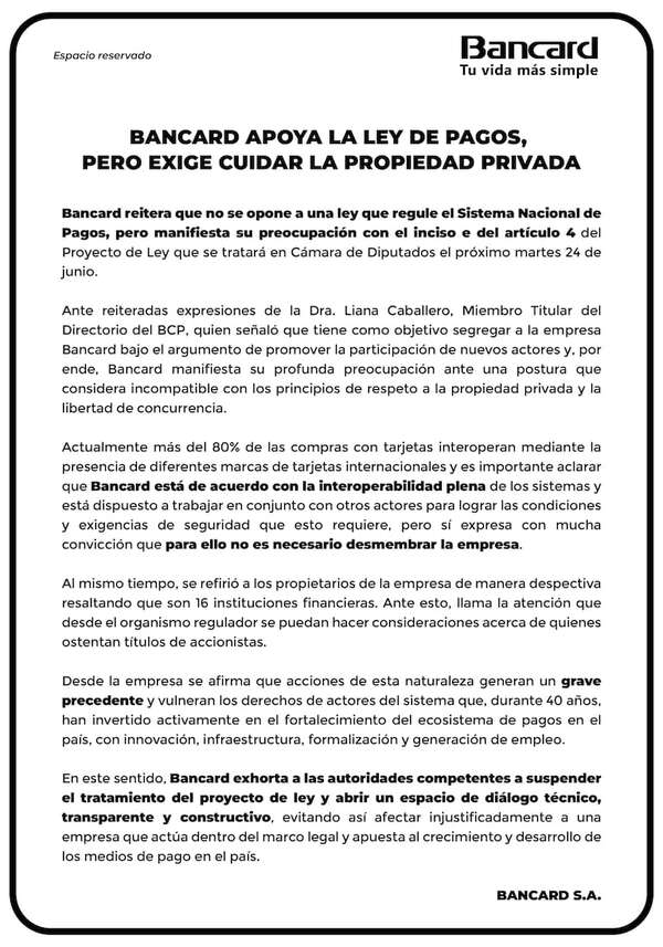 Bancard apoya la Ley de pagos, pero exige cuidad la propiedad privada - Espacio Reservado - ABC Color