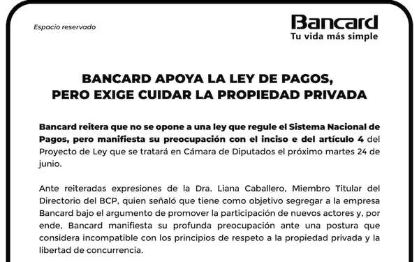Bancard apoya la ley de pagos, pero exige cuidar la propiedad privada - Espacio Reservado - ABC Color