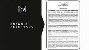 Espacio reservado: ASOBAN ALERTA RIESGOS DE ARBITRARIEDAD EN EL PROYECTO LEY NACIONAL DE PAGOS