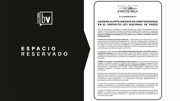 Espacio reservado: ASOBAN ALERTA RIESGOS DE ARBITRARIEDAD EN EL PROYECTO LEY NACIONAL DE PAGOS