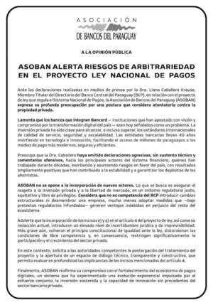 Asoban alerta riesgos de arbitrariedad en el proyecto Ley Nacional de Pagos - Espacio Reservado - ABC Color