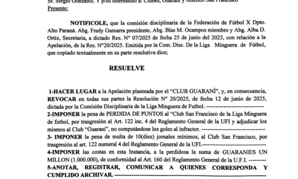 Tras apelación, otorgan los puntos a Guaraní en la Liga Minguera