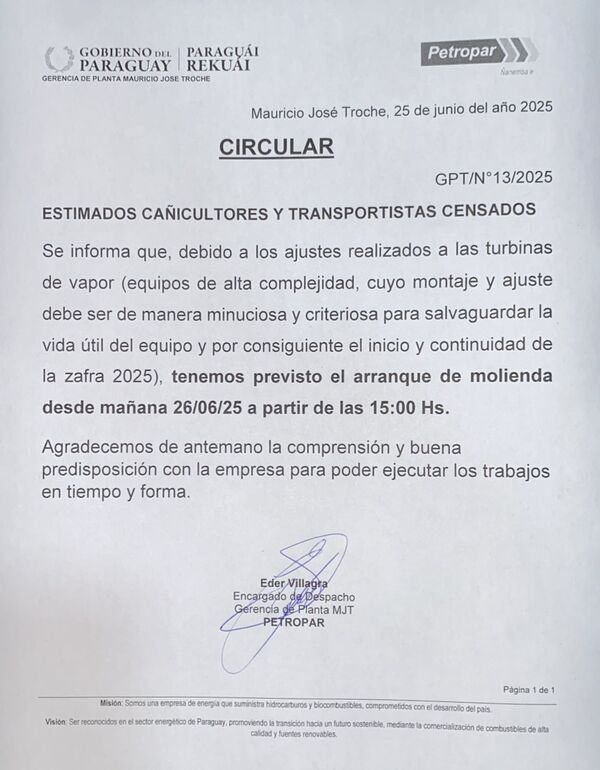 Molienda en Petropar debería iniciar esta tarde