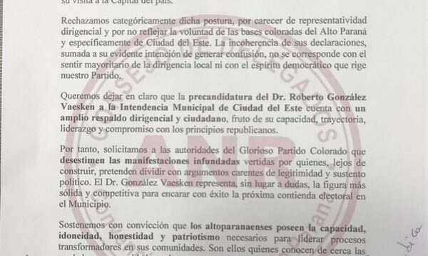 Convencionales del Alto Paraná desmienten apoyo a pronunciamiento de seccionaleros de CDE y respaldan a González Vaesken