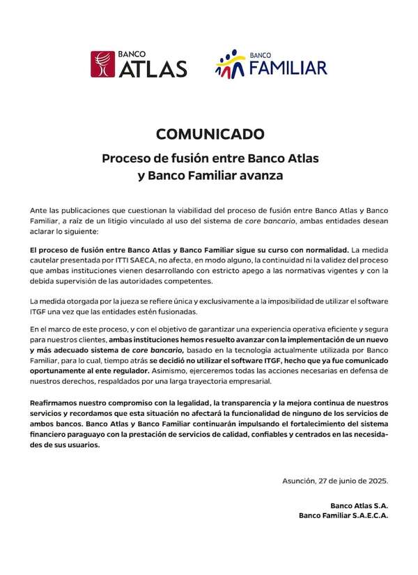 Proceso de fusión entre Banco Atlas y Banco Familiar avanza - Economía - ABC Color