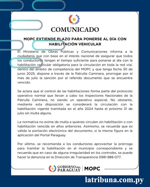 Extienden plazo para circular sin multa por habilitación vencida - La Tribuna
