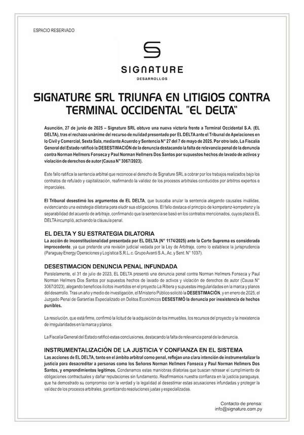 Signature SRL triunfa en litigios contra terminal occidental “El Delta” - Espacio Reservado - ABC Color