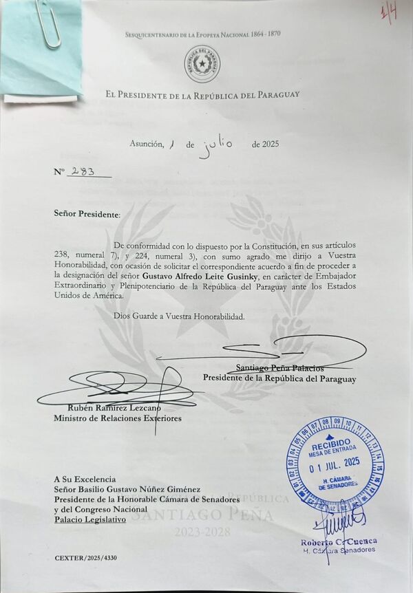 Peña solicita al Congreso el acuerdo para que Gustavo Leite sea Embajador en EEUU