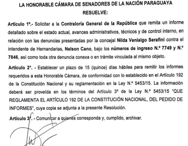 Senado remite a la Contraloría un pedido de informes sobre denuncias de corrupción contra Nelson Cano