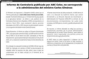 Informe de Contraloría publicado por ABC Color, no corresponde a la administración del ministro Carlos Giménez - Espacio Reservado - ABC Color