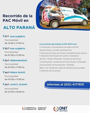 PAC Móvil llegará a cinco ciudades de Alto Paraná para facilitar trámites tributarios - ADN Digital