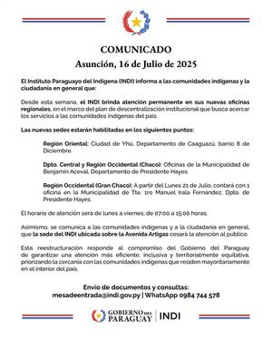 INDI habilita atención en oficinas regionales y cesa la atención en la Avenida Artigas • PARAGUAY TV