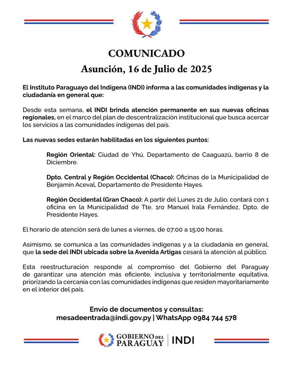 INDI habilita atención en oficinas regionales y cesa la atención en la Avenida Artigas • PARAGUAY TV