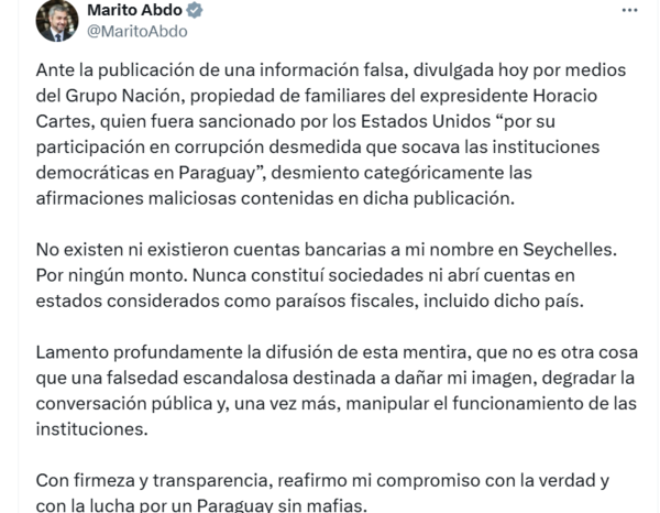 Marito sale al paso de publicaciones y dice no tener cuentas bancarias en paraíso fiscal