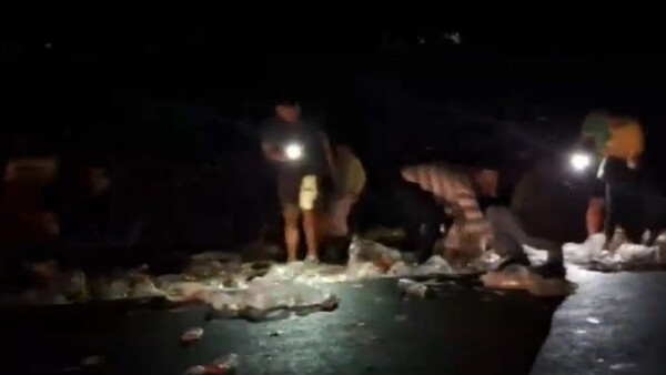 Obligado: Camión vuelca tras perder el control y vecinos llevan bebidas que transportaba