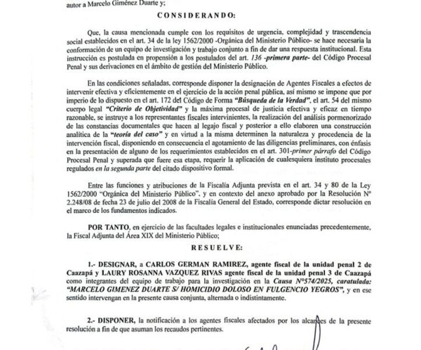 Fiscalía conforma equipo de trabajo para investigar causa por homicidio doloso en Fulgencio Yegros
