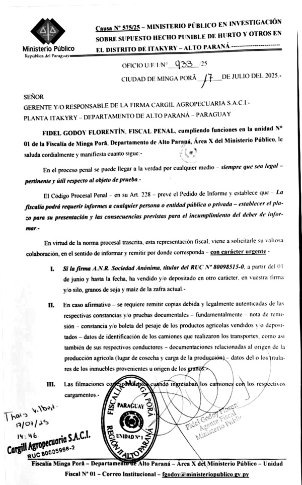 Fiscalía emplaza a Cargill para explicar sobre compra de granos robados por Nivaldo Ourikes - La Clave