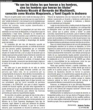 ‘’No son los títulos los que honran a los hombres, sino los hombres que honran los títulos", sostenía Niccolò di Bernardo dei Machiavelli, conocido como Nicolás Maquiavelo, y Yamil Esgaib lo deshonra - Espacio Reservado - ABC Color