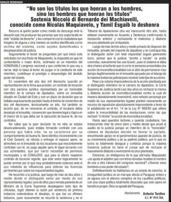 ‘’No son los títulos los que honran a los hombres, sino los hombres que honran los títulos", sostenía Niccolò di Bernardo dei Machiavelli, conocido como Nicolás Maquiavelo, y Yamil Esgaib lo deshonra - Espacio Reservado - ABC Color