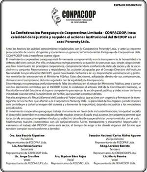 La Confederación Paraguaya de Cooperativas Limitada (CONPACOOP) insta celeridad de la justicia y respalda el accionar institucional del INCOOP en el caso Poravoty Ltda. - Espacio Reservado - ABC Color