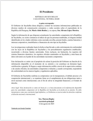 Seychelles niega vínculos financieros del expresidente Mario Abdo en su territorio