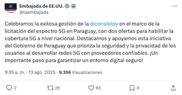 Diario HOY | Embajada de EEUU celebra gestión para licitar red 5G en Paraguay
