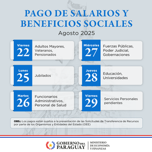 Pago salario mes de Agosto inicia el viernes 22 » San Lorenzo PY
