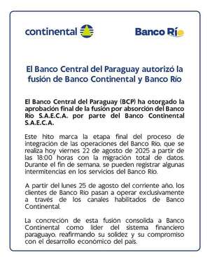 El Banco Central del Paraguay autorizó la fusión de Banco Continental y Banco Río - Negocios - ABC Color