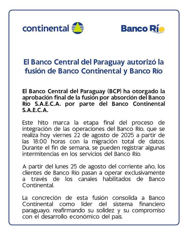 El Banco Central del Paraguay autorizó la fusión de Banco Continental y Banco Río - Negocios - ABC Color