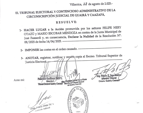 Justicia repone a presidente y vicepresidente de la Junta Municipal de José Fassardi