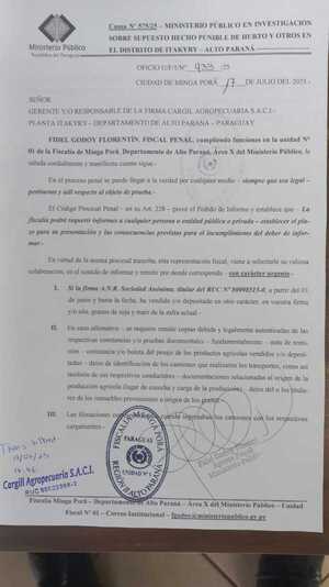 FISCALIA EMPLAZA A MULTINACIONAL CARGILL A RESPONDER SOBRE GRANOS ROBADOS POR NIVALDO OURIKES EN ITAKYRY - Info Alto Parana
