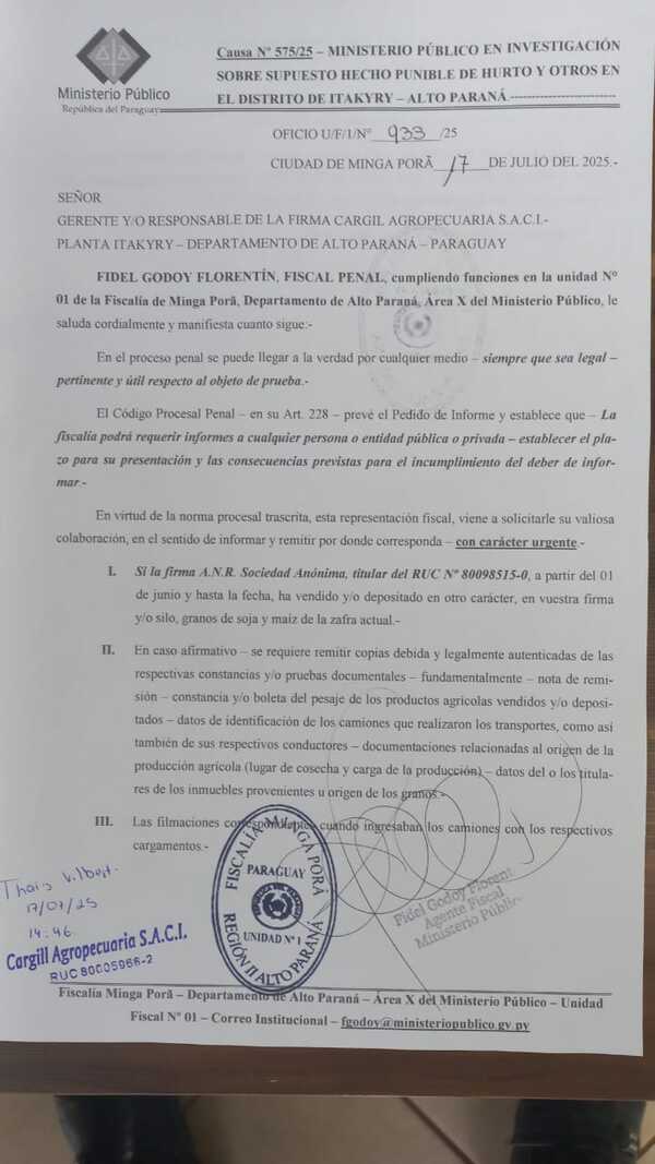 FISCALIA EMPLAZA A MULTINACIONAL CARGILL A RESPONDER SOBRE GRANOS ROBADOS POR NIVALDO OURIKES EN ITAKYRY - Info Alto Parana