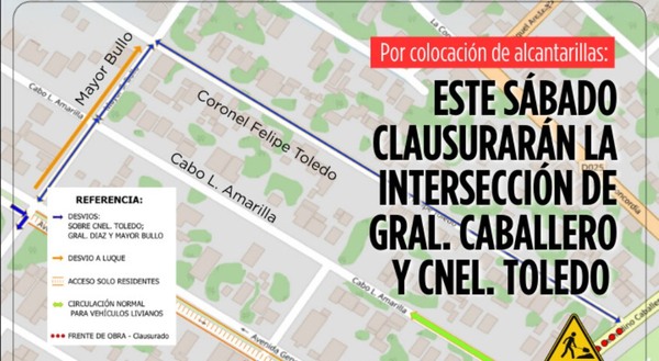 Este sábado inhabilitarán temporalmente la intersección de Gral. Caballero y Cnel. Toledo por obras de alcantarillado