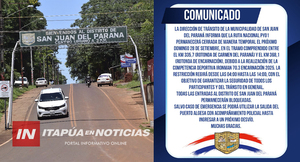 ANUNCIAN CIERRE TEMPORAL DE LA RUTA NACIONAL PY01 EN SAN JUAN DEL PARANÁ