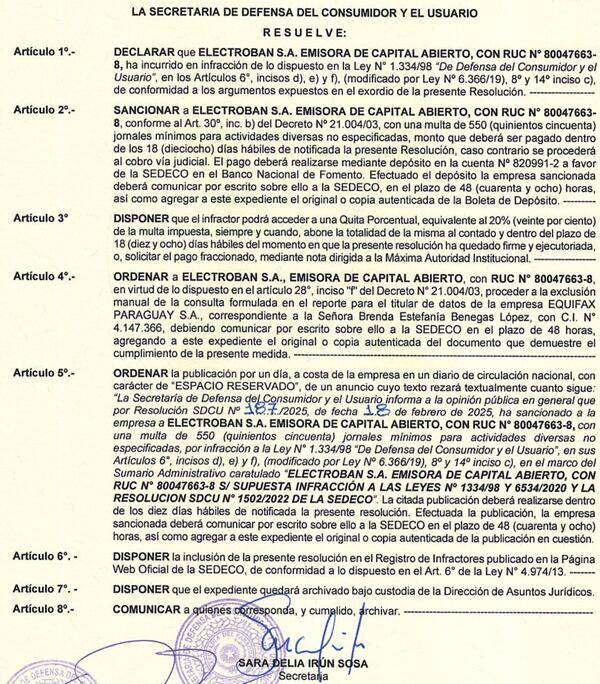 SEDECO sanciona a Electroban - Info Alto Parana