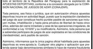 La Nación / Espacio Reservado: APOSTALA recuerda que es la única empresa autorizada para apuestas deportivas