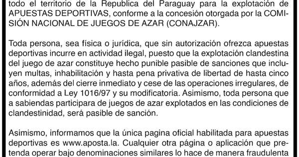 La Nación / Espacio Reservado: APOSTALA recuerda que es la única empresa autorizada para apuestas deportivas