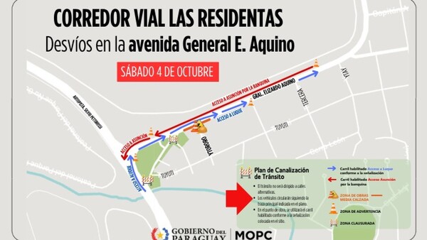 MOPC anuncia que desde el sábado se aplicarán desvíos en la avenida General E. Aquino en Luque