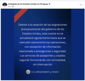 Embajada de EE.UU. en Paraguay suspende actualizaciones por cierre de gobierno en Washington - El Trueno