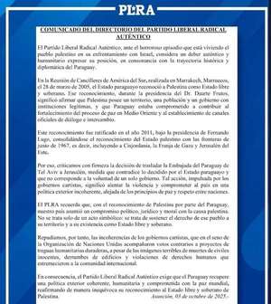 AUDIO: PLRA ratifica apoyo a Palestina y recuerda que Paraguay lo había reconocido como Estado - ABC AM 730 - ABC Color