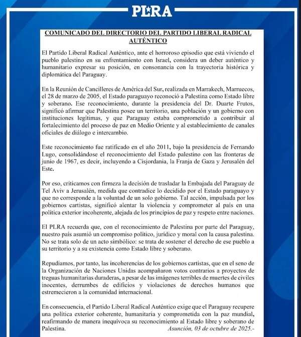 AUDIO: PLRA ratifica apoyo a Palestina y recuerda que Paraguay lo había reconocido como Estado - ABC AM 730 - ABC Color