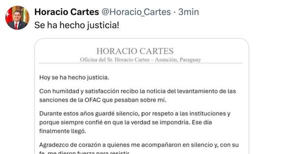 La Nación / OFAC levanta sanciones a Horacio Cartes: “Hoy se ha hecho justicia”