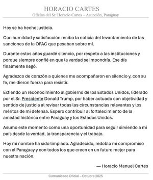 EE.UU. levanta sanciones de la OFAC a Horacio Cartes - El Trueno
